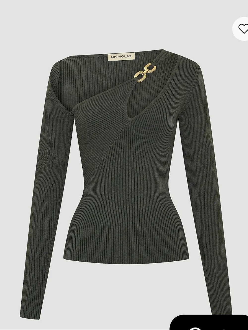 Nicholas Olive Asymmetric Ribbed Knit Sweater with Gold Hardware